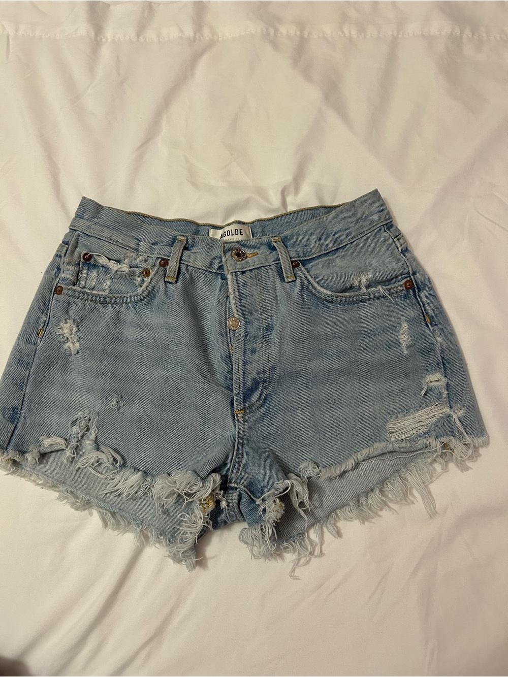 Agolde Light Blue High-Rise Frayed Hem Denim Shorts